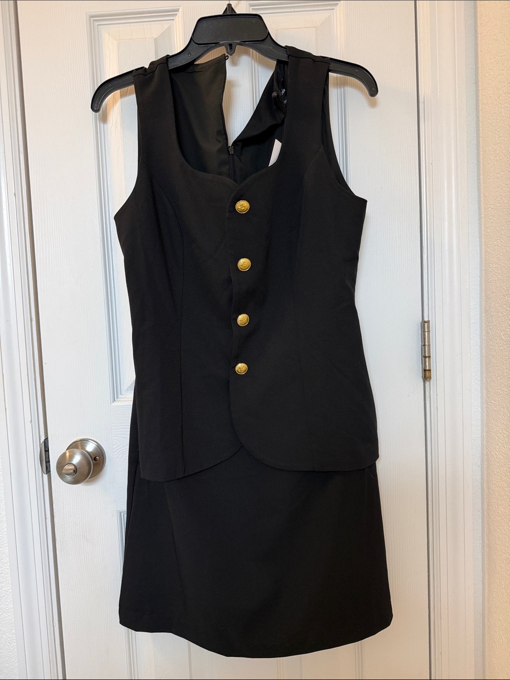 Business Dress Black Vest Style Pencil Skirt Gold Eagle Buttons L